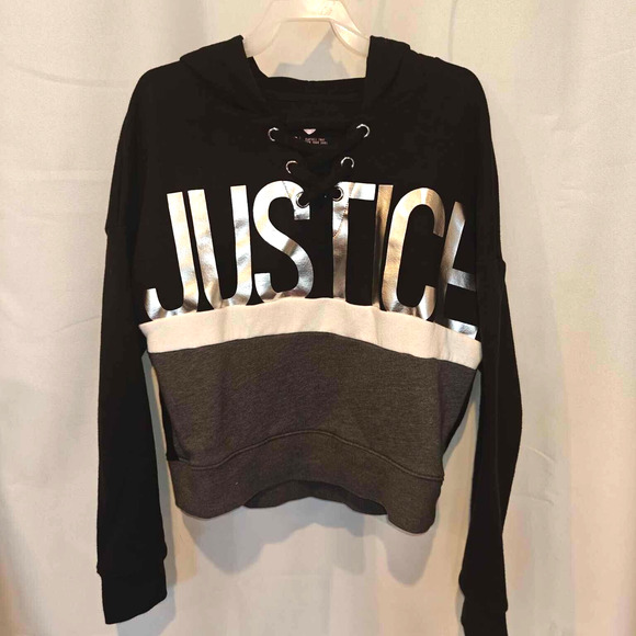 Justice CX.J Active Girls Size 12 Cropped Sweatshirt Hoodie Black Silver laces - Picture 1 of 4